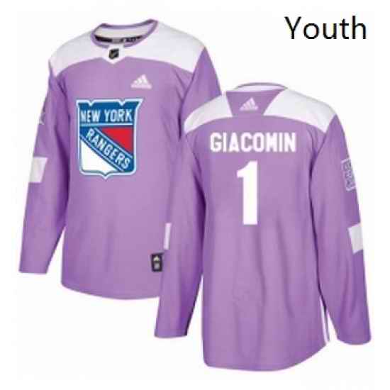 Youth Adidas New York Rangers 1 Eddie Giacomin Authentic Purple Fights Cancer Practice NHL Jersey